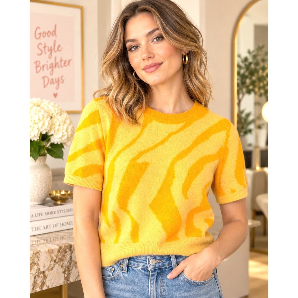 NAADAM 100% Cashmere Sweater Womens Small Yellow Zebra Print Short Sleeve NEW